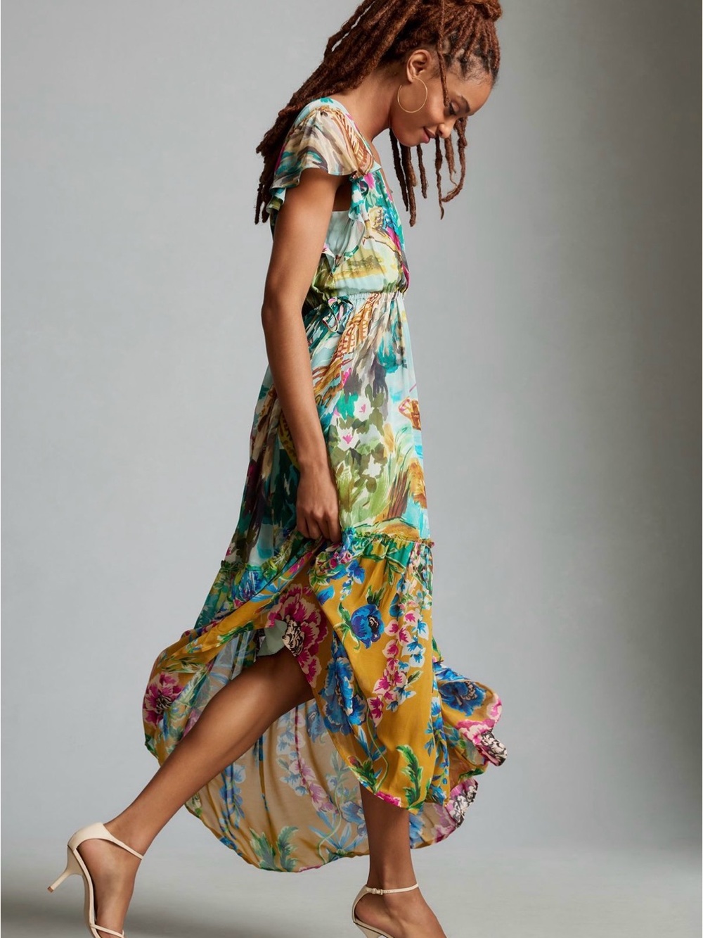 Anthropologie Floral Flutter Sleeve Maxi Dress Colorful Tropical Bird 2X Plus - Picture 7 of 7